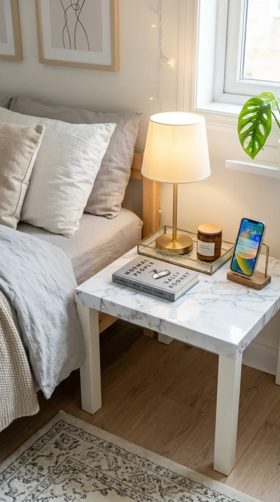 White IKEA LACK side table with Carrara marble contact paper, styled with a glass tray, small lamp, and book beside a teen’s bed.