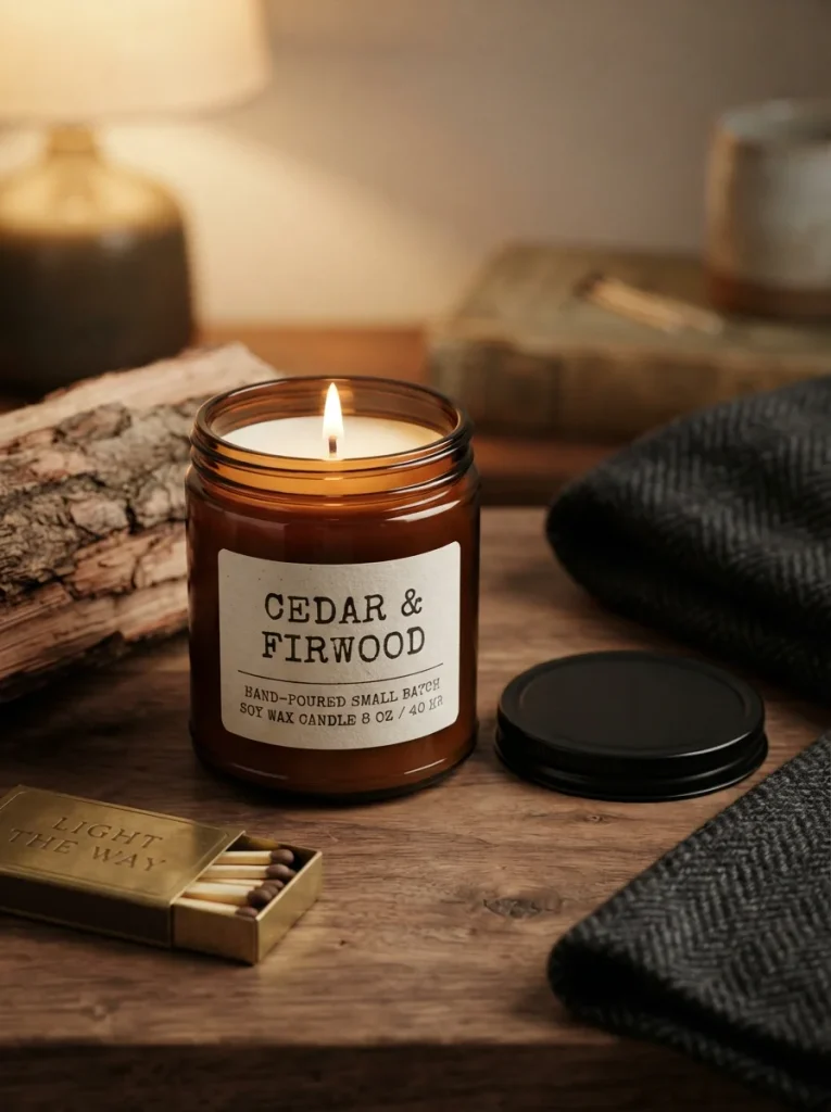 A cozy 8 oz amber glass candle with smooth cream soy wax, a cotton wick, and a minimalist hand-stamped label. Perfect for creating a warm, woodsy atmosphere or gifting to someone special.