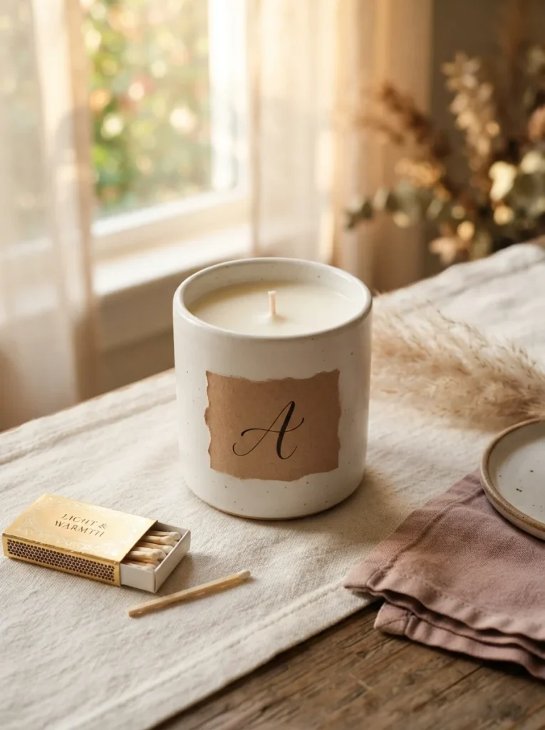 Handmade white ceramic tumbler candle with a personalized kraft initial label, displayed on a cream linen runner with a gold matchbox, dried pampas grass, and a folded linen napkin.