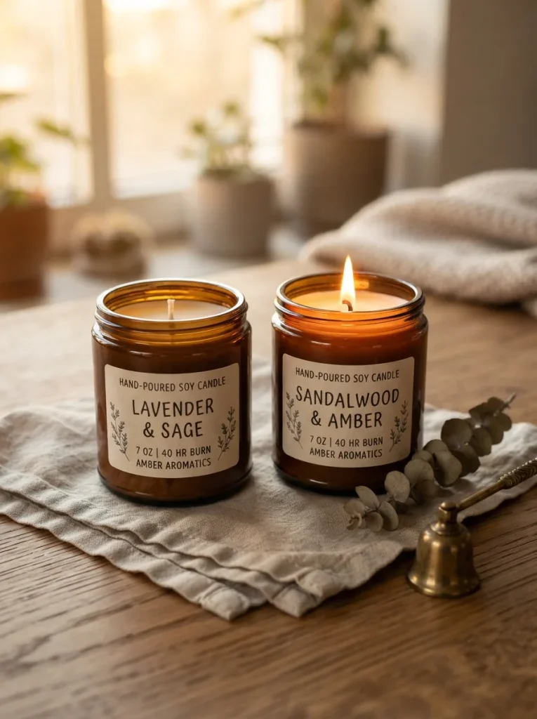 Handmade amber soy candles with warm golden light, cream labels, eucalyptus, and brass accents.