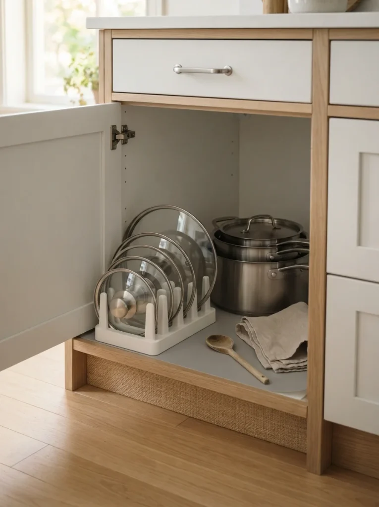 Organized kitchen cabinet with a white pot lid organizer, upright stainless-steel lids, and nested pots. Soft morning light, neutral tones, clean and tidy styling, photorealistic 8K lifestyle photography, Pinterest 2:3 vertical, no people.