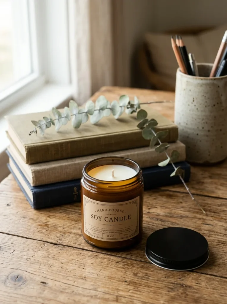 Hand-poured amber soy candle with cream wax, a matte black lid, and a kraft label, styled with hardcover books, a ceramic pencil cup, and dried eucalyptus in warm natural light. Cozy, rustic, minimalist handmade gift photography.