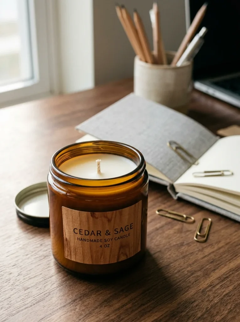 A cozy amber glass soy candle with a cedar-wood label sits on a walnut desk, surrounded by simple stationery and soft morning light. Would you prefer the label to have a more rustic or elegant look?
