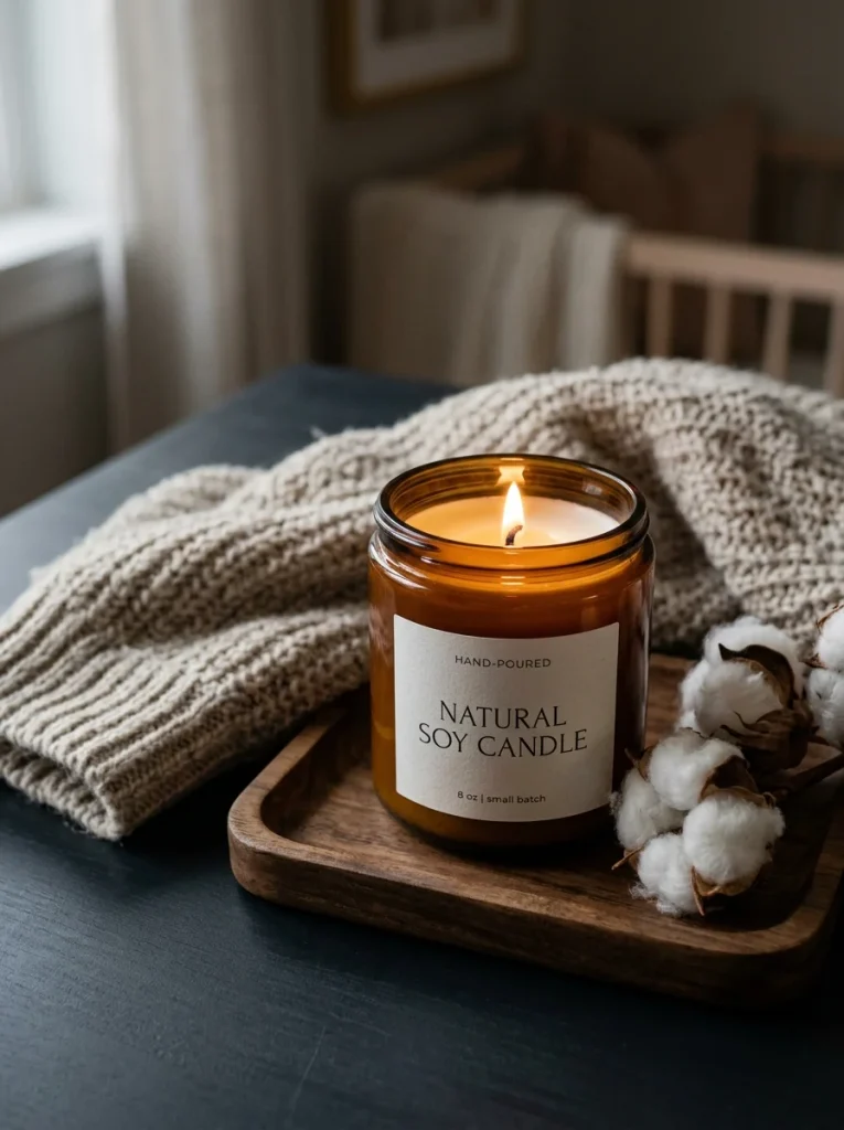 Glowing amber soy candle with cream wax, styled on a wooden tray with a cozy oatmeal knit blanket and dried cotton stems