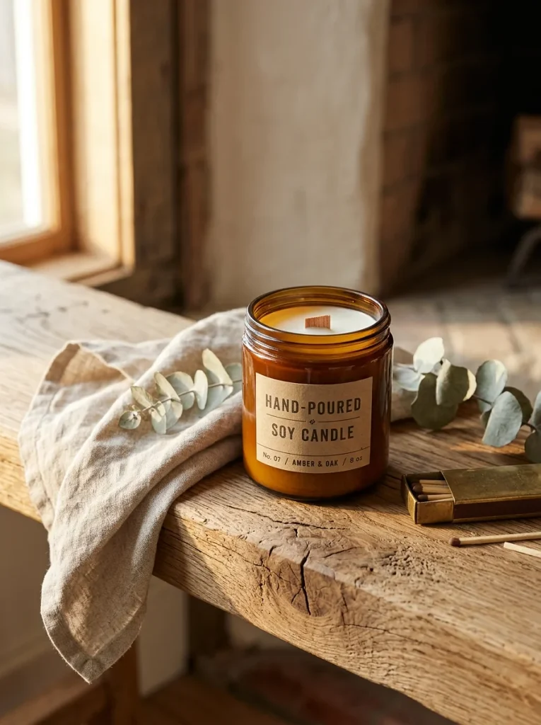Hand-poured soy candle in an amber glass jar with a wooden wick, styled on a raw oak mantel with dried eucalyptus, brass matches, and linen.