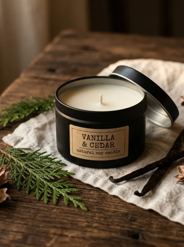 Handmade black soy candle with cedar and vanilla, ivory wax, kraft label, cedar sprigs, and warm cozy lighting.