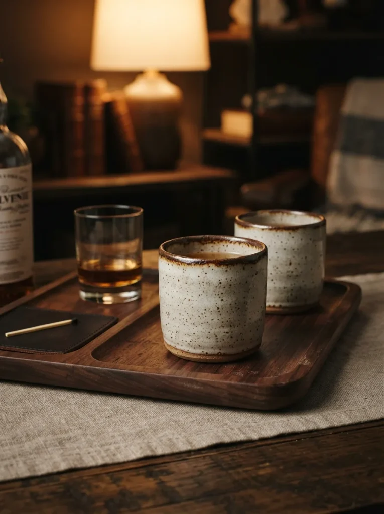 Handmade speckled stoneware whiskey cups on a dark walnut tray, paired with amber whiskey and warm lighting for a cozy, rustic evening feel.