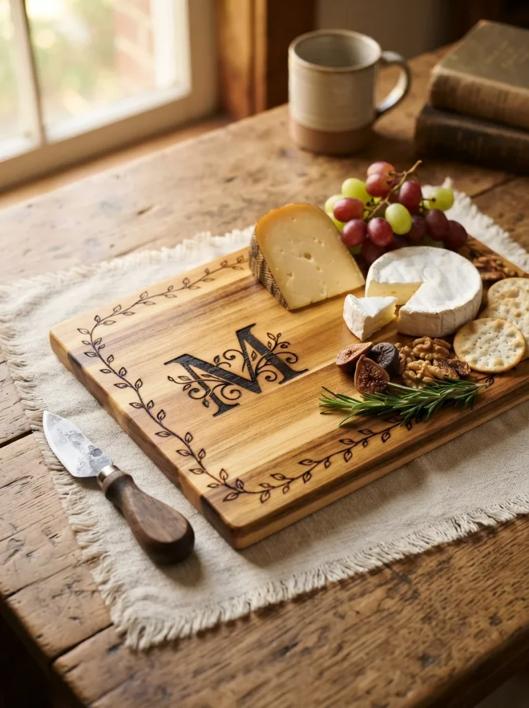 Photorealistic acacia serving board with burned initials and vine engraving, topped with cheese and grapes. Warm natural light, rustic table, linen napkin, cheese knife, and rosemary. Cozy farmhouse style, 8K, vertical 2:3, no people.