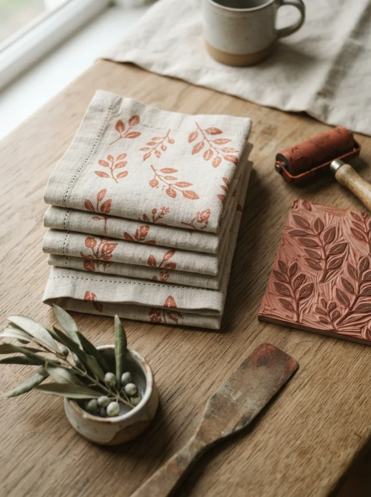 Hand-printed linen napkins with terracotta leaf patterns, styled with a carved linoleum block, wooden ink roller, ceramic bowl, and olive branch. Earthy tones, soft daylight, photorealistic 8K lifestyle photography, Pinterest 2:3 vertical, no people.