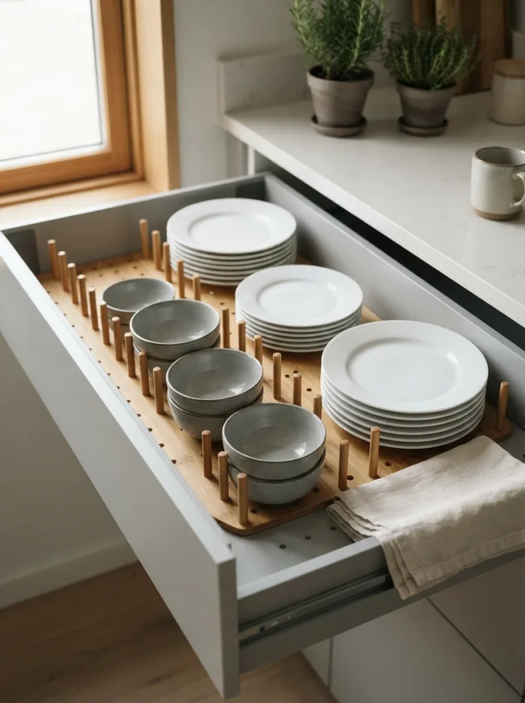 Neatly organized kitchen drawer with white plates, gray bowls, and bamboo dividers for smart, space-saving storage.