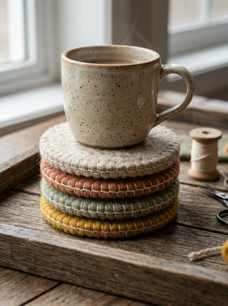 A cozy stack of four handmade felt coasters in oatmeal, terracotta, sage, and mustard, finished with cream blanket stitching and topped with a speckled ceramic mug on a rustic wooden tray.