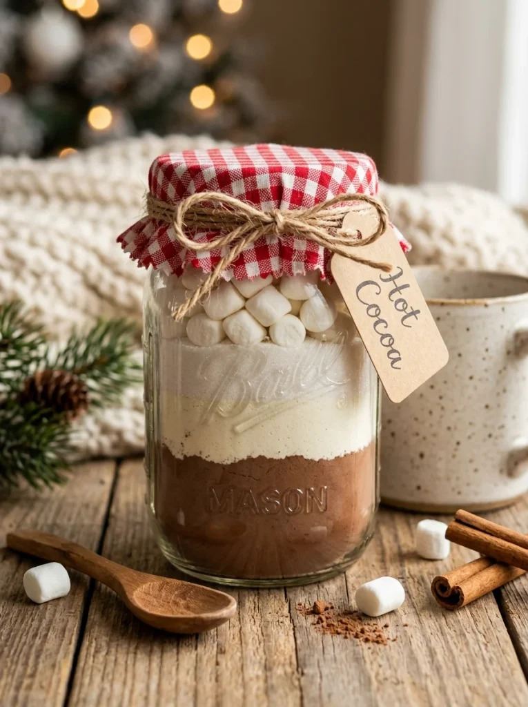 Photorealistic half-pint mason jar layered with cocoa, powdered milk, sugar, and mini marshmallows, topped with red gingham fabric and jute twine. Cozy winter styling with a wooden spoon, mug, and cinnamon stick.