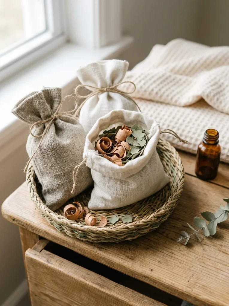 Three natural linen sachets filled with cedar shavings and eucalyptus leaves in a seagrass basket, styled with a folded baby blanket and soft neutral accents.