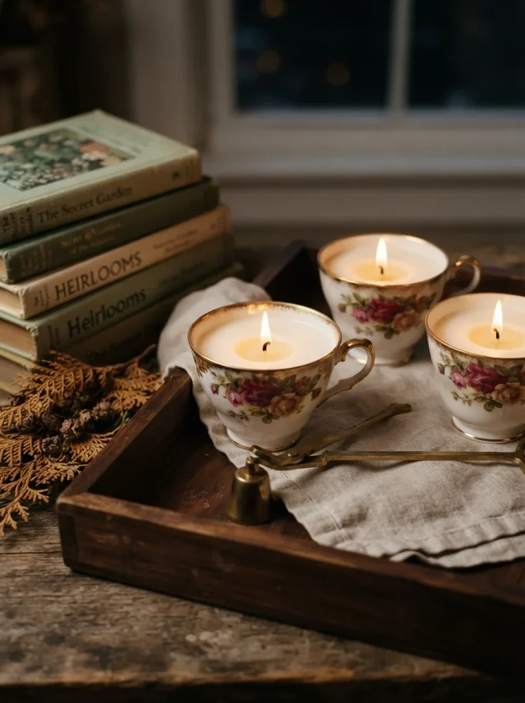 Beautiful floral teacups transformed into glowing cream soy candles with elegant gold rims. A romantic handmade gift perfect for cozy evenings and vintage lovers.
