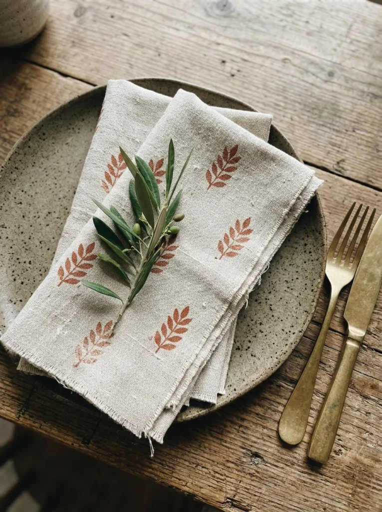 Two natural linen napkins with hand-printed rust-colored leaf motifs, folded on a stoneware plate with brass cutlery and an olive branch.