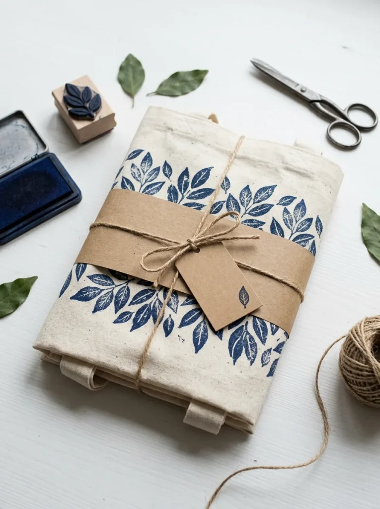 Handmade canvas tote bag with an indigo-blue leaf pattern, kraft gift tag, and natural eco-friendly packaging.