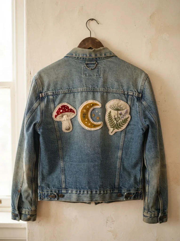vintage denim jacket decorated with handmade felt patches featuring a mushroom, crescent moon, and wildflower, finished with charming blanket-stitch edges.