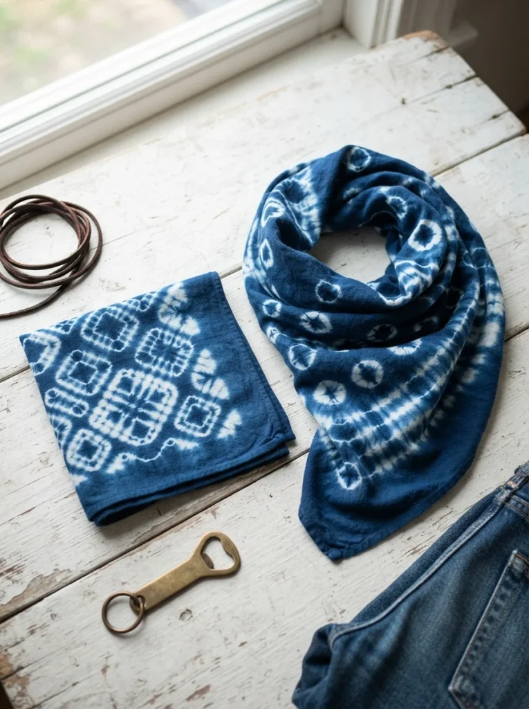 Handmade indigo shibori bandanas with crisp white geometric patterns on weathered white wood, accented by leather cord, a brass bottle opener, and denim in bright natural daylight for a fresh, rugged, crafty lifestyle aesthetic.