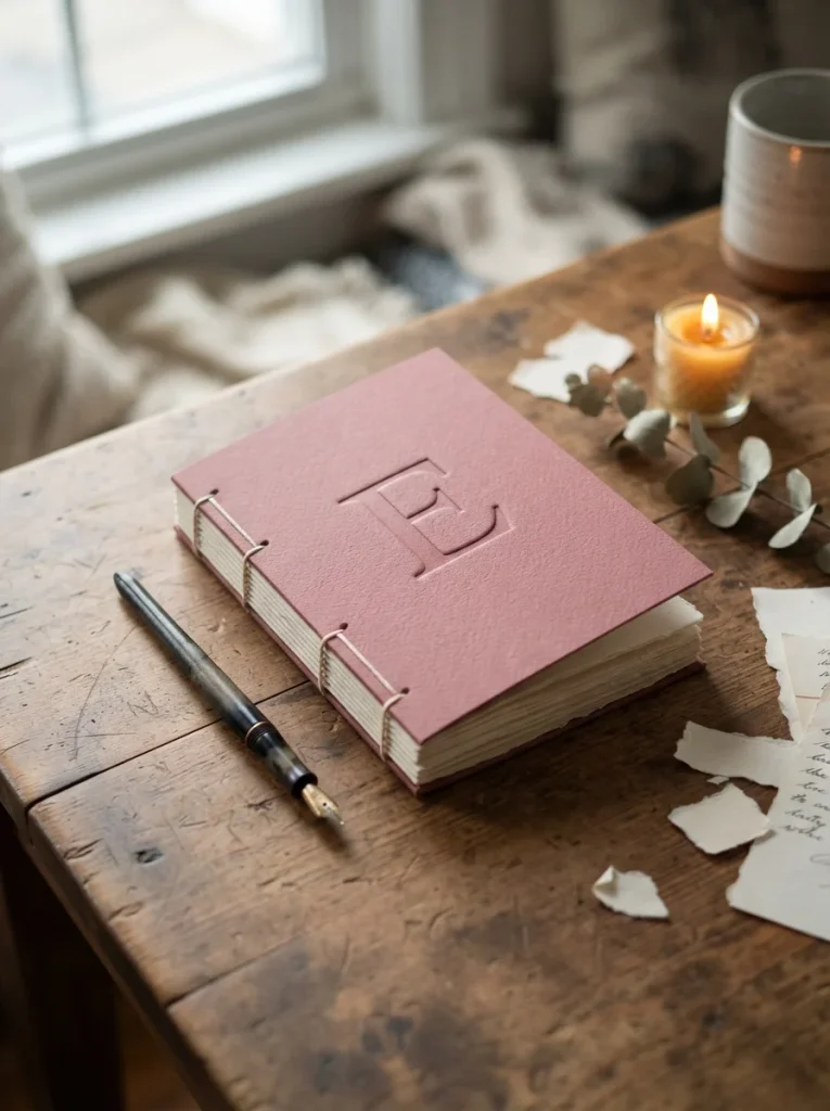 Photorealistic dusty rose handmade notebook with embossed initial, waxed thread stitching, and cream pages on a wooden desk. Soft window light, fountain pen, candle, and dried flower. Calm aesthetic, 8K, vertical 2:3, no people.