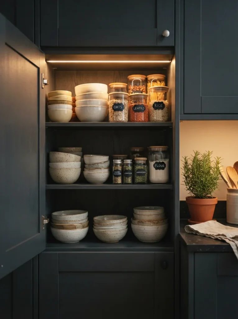 Warm LED-lit kitchen cabinet with neatly stacked ceramic bowls, glass jars, and cozy modern storage.