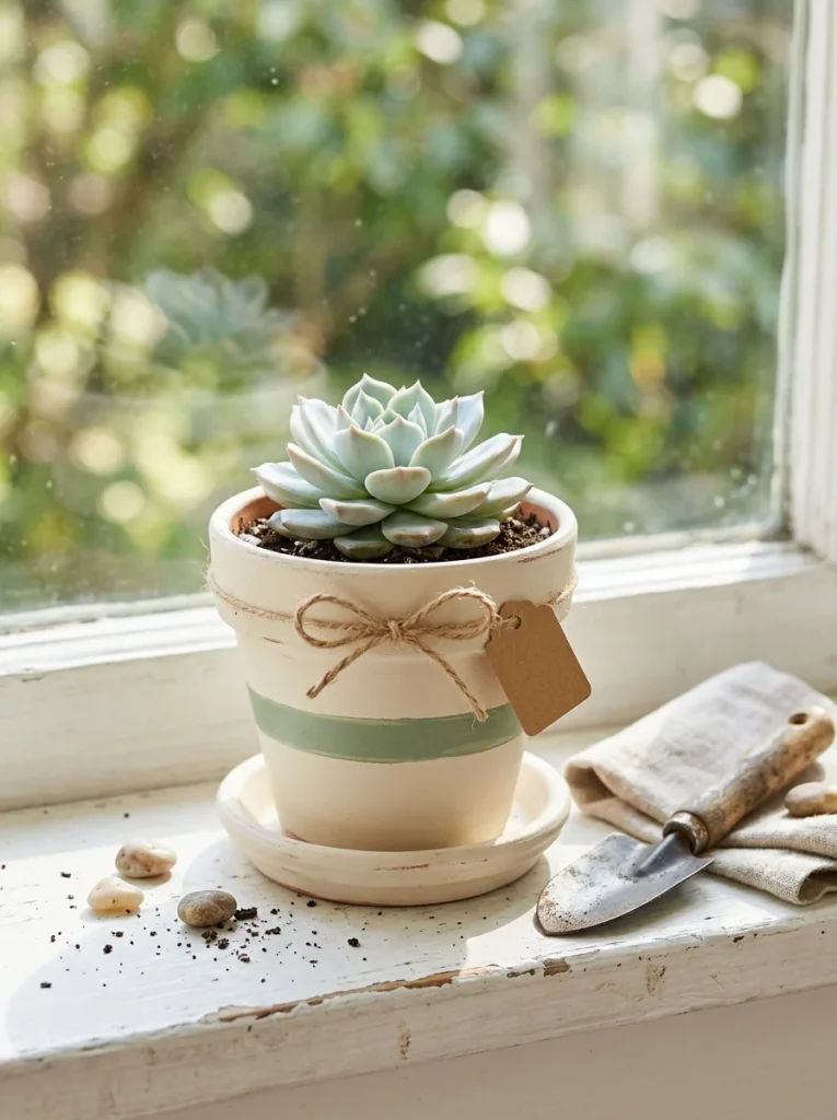 A cheerful echeveria succulent in a hand-painted terracotta pot with cream and sage green stripes, styled on a sunlit windowsill with a matching saucer, gardening tools, and scattered pebbles.