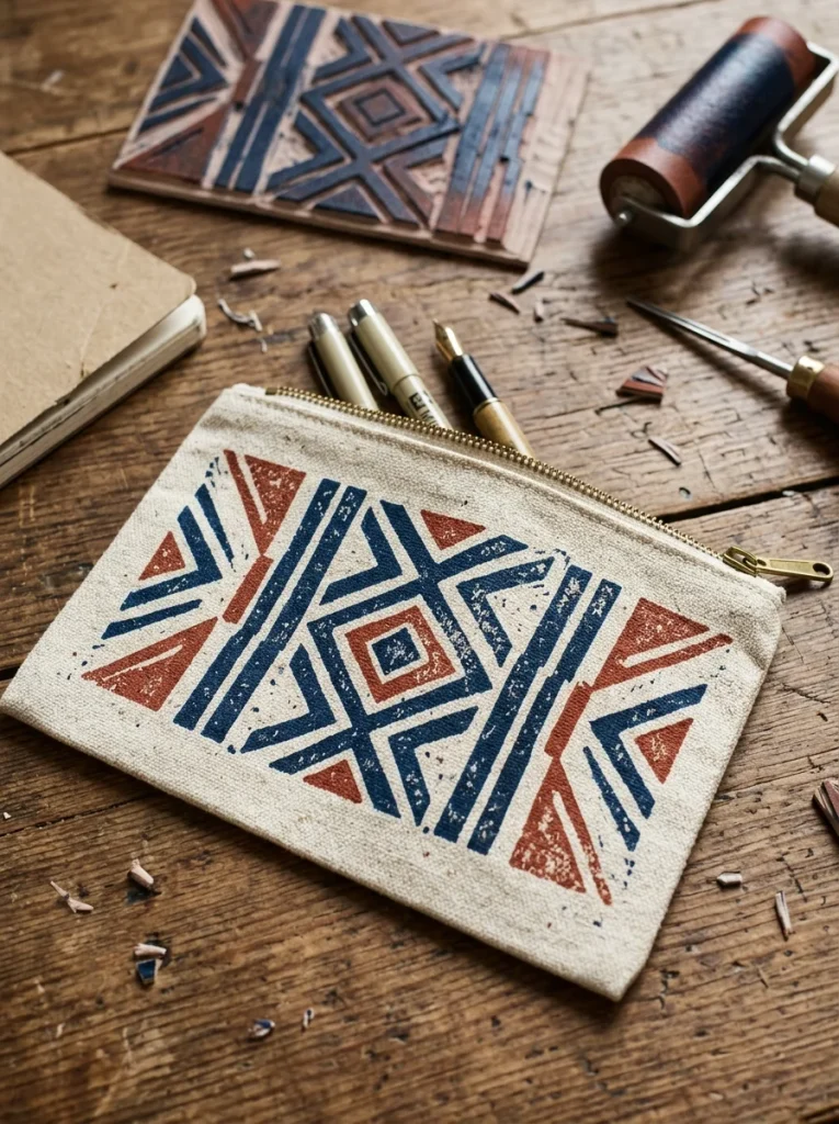 Handmade Canvas Pencil Pouch ✏️ Rust and indigo geometric print, natural canvas, metal zipper, pens and notebook, cozy studio lighting,