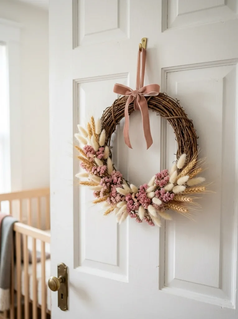 An 8-inch grapevine wreath decorated with ivory bunny tail grass, dusty rose blooms, and honey-colored wheat, hanging on a white nursery door.