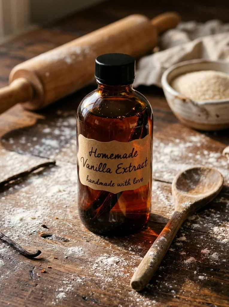 Dark amber vanilla extract bottle with split vanilla beans and a handwritten kraft label, beside a wooden spoon, rolling pin, and sugar bowl on a flour-dusted counter.