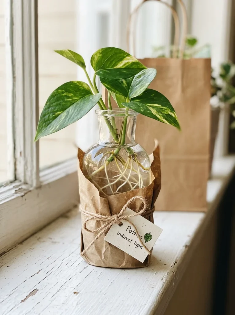 Handmade pothos plant cutting in a clear glass vase with visible white roots, wrapped in kraft paper with a plant care card.