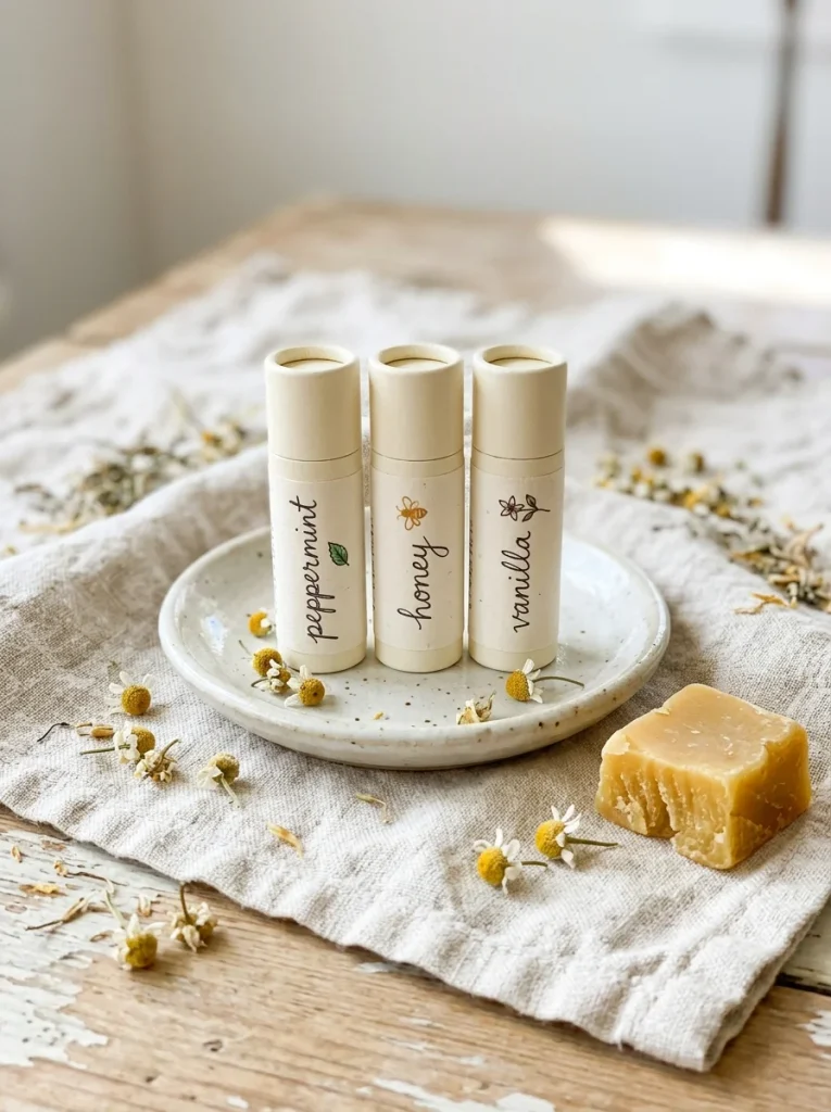 Photorealistic cream lip balm tubes labeled peppermint, honey, and vanilla on a ceramic dish. Bright daylight, chamomile flowers, beeswax, and linen cloth. Fresh, natural aesthetic, 8K, vertical 2:3, no people.