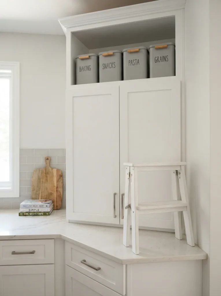 Organized upper kitchen cabinet with labeled storage bins, a compact step stool, and neatly stacked cookbooks.
