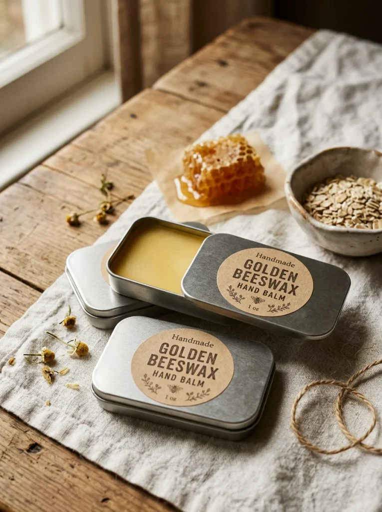 Three handmade beeswax hand balm tins with smooth golden balm, kraft labels, and natural honeycomb, styled with oats and linen in warm, rustic light for a cozy, nourishing gift aesthetic.