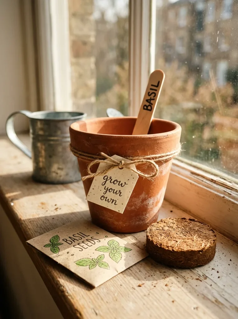 DIY Basil Plant Gift 🌱 Terracotta pot, basil seeds, coir soil, handmade tag, sunny windowsill, fresh green tones,