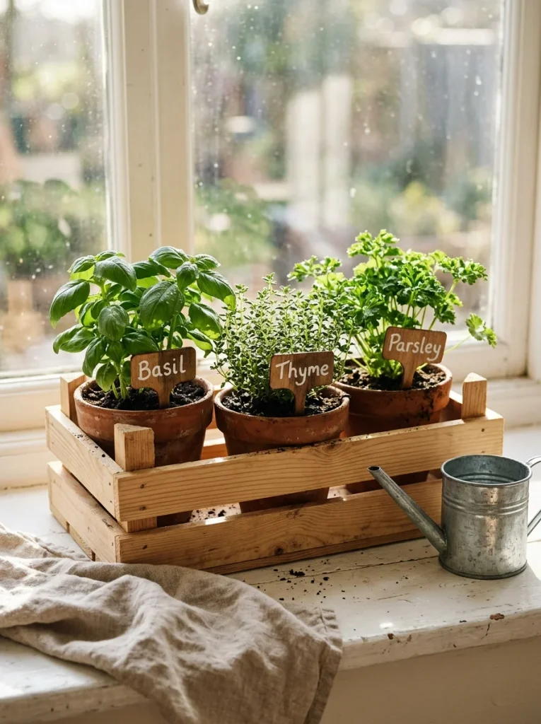 A small wooden crate with terracotta pots of basil, thyme, and parsley, featuring hand-painted plant markers, beside a watering can and linen cloth on a sunny kitchen windowsill.