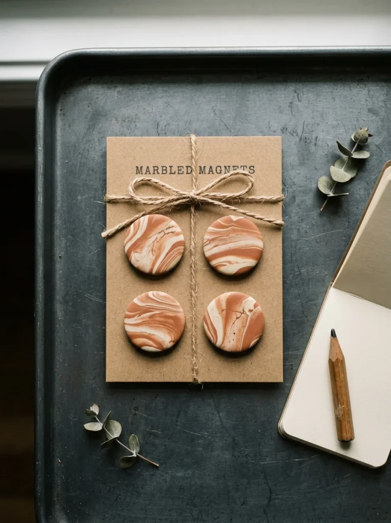 Handmade marbled clay magnets in ivory and terracotta swirls, displayed on kraft backing with cord for a stylish housewarming gift.