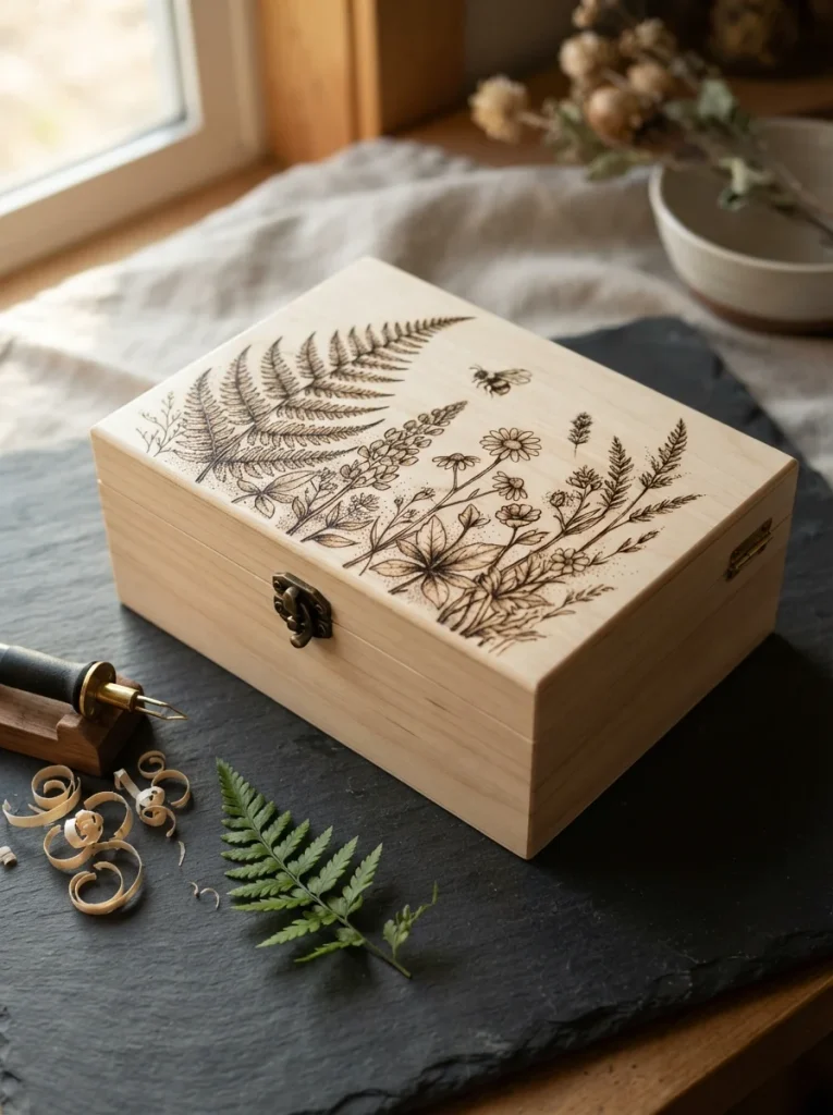 A beautiful handmade basswood box featuring delicate fern and wildflower designs, engraved with intricate pyrography details and finished with a natural beeswax shine. A perfect rustic gift for nature lovers