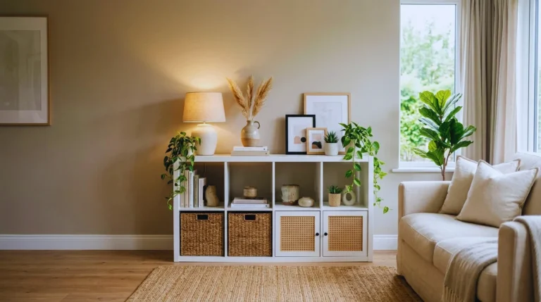Stylish living room with IKEA Kallax makeover ideas and styled shelves