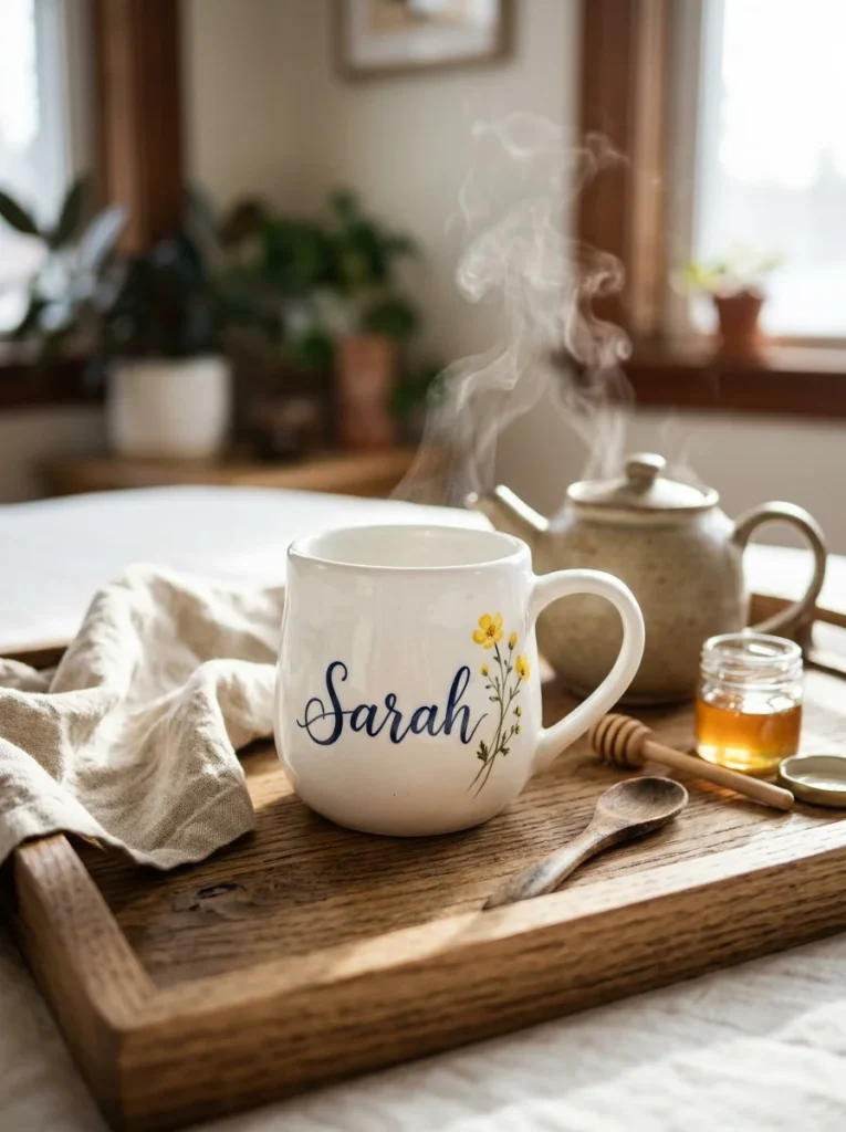 Photorealistic white porcelain mug with navy handwritten name and yellow wildflowers, beside a steaming teapot on a breakfast tray. Bright morning light, honey jar, wooden spoon, and linen napkin. Cozy style, 8K, vertical 2:3, no people.