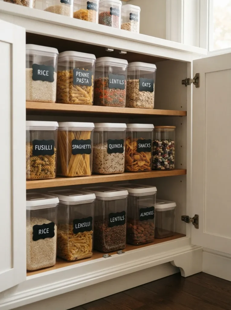 Organized pantry cabinet with labeled storage boxes for pasta, rice, and snacks in a clean, minimalist style.