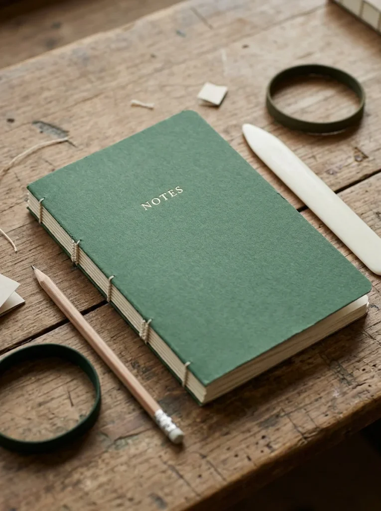 A handmade forest-green notebook with gold foil lettering, visible waxed-thread stitching, and cream pages, styled with a graphite pencil and bookbinding tools in soft natural light for an elegant, minimalist aesthetic.