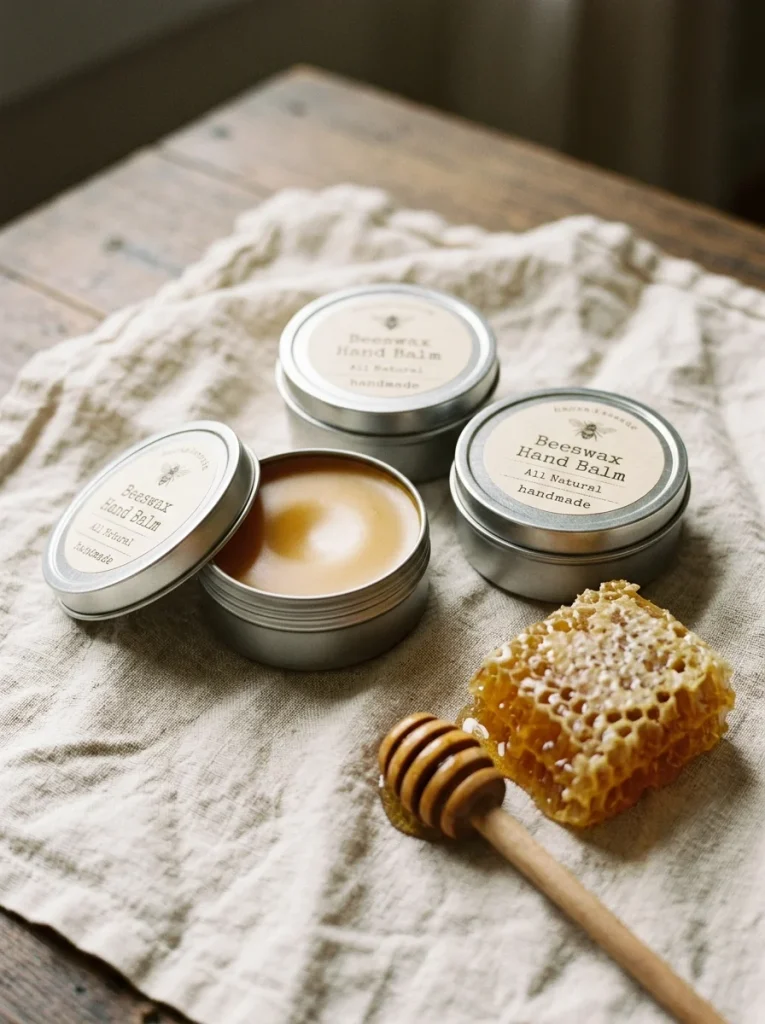 Three silver tins of honey-colored beeswax hand balm, one open to reveal its smooth texture, arranged on linen beside a honeycomb and wooden honey dipper.