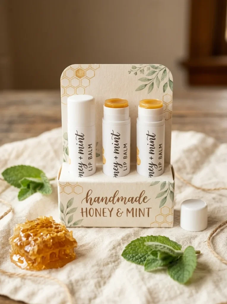 Handmade honey-gold lip balm tubes in a cardboard gift holder with handwritten labels, honeycomb, mint leaves, and soft natural lighting.