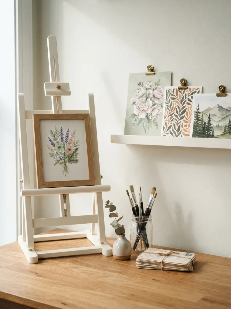 A charming handmade art display featuring a warm-white easel, framed watercolor, and leaning art prints with elegant brass clips. Perfect for a creative, minimalist home.