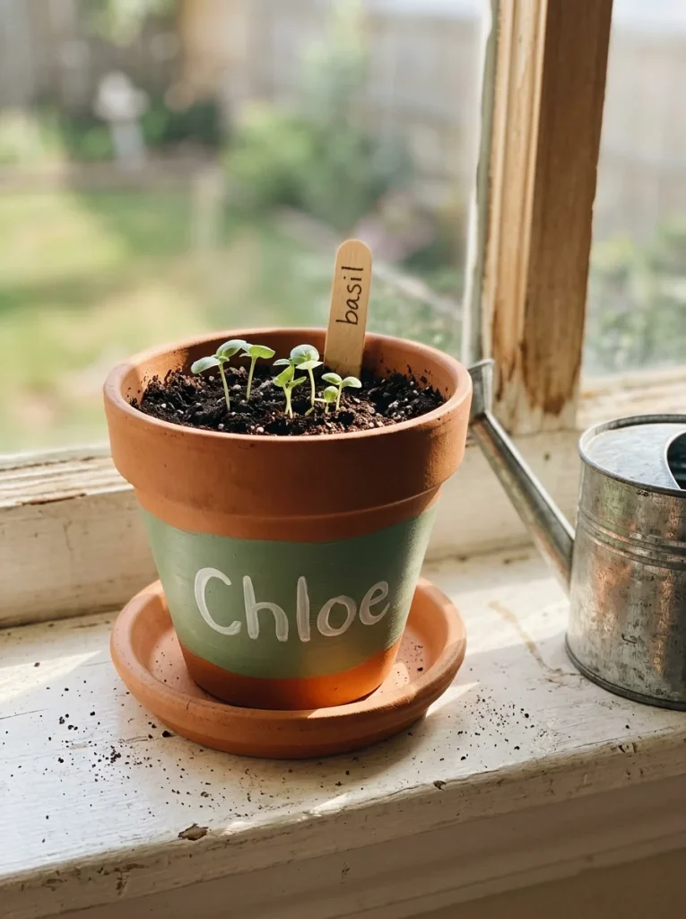 Photorealistic terracotta pot with a white personalized name and sage green band, holding fresh basil seedlings on a sunny windowsill. Warm sunlight, wooden plant marker, and mini watering can. Fresh, natural style, 8K, vertical 2:3, no people.