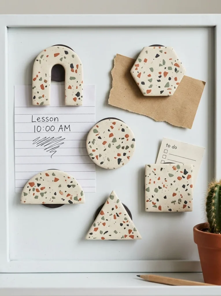 Playful terrazzo-style clay magnets in cream, terracotta, sage, and charcoal hold handwritten notes on a white magnetic board, creating a modern, tidy, handmade aesthetic.
