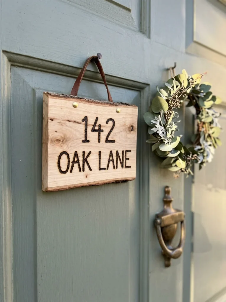 Birch wood house-number plaque with dark wood-burned lettering and a leather hanging loop on a sage-green door, accented with a eucalyptus wreath and brass door knocker.