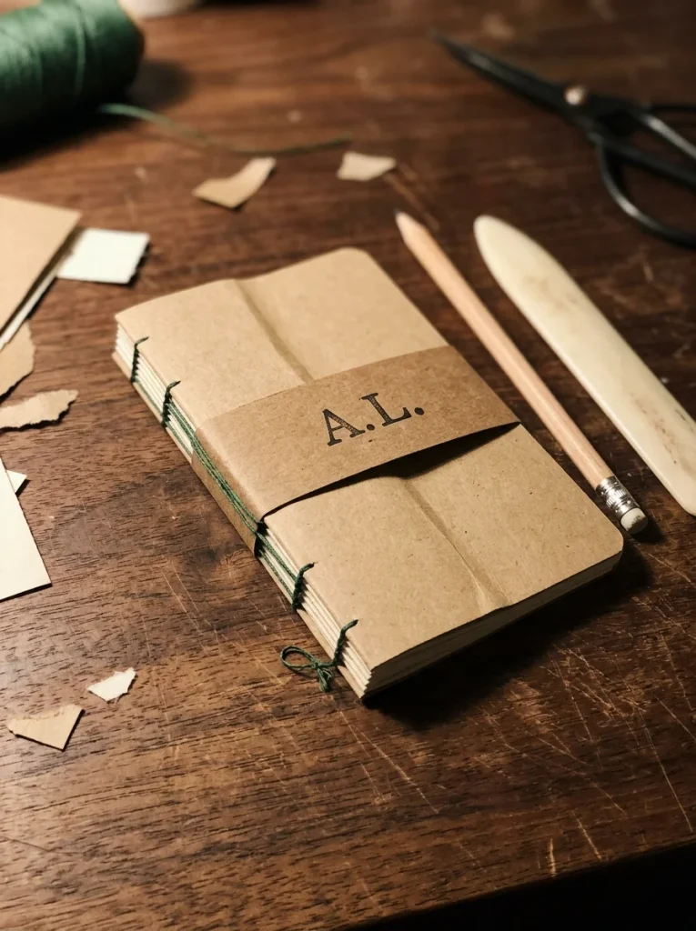 Handmade kraft notebook with forest-green stitching, personalized initials, a matching pencil, and rustic paper packaging on a wooden desk.