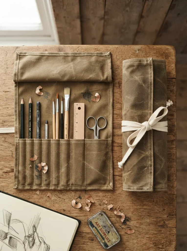 A practical handmade craft organizer with stitched pockets for pencils, brushes, scissors, and small tools. Finished with a cotton tie, it’s a perfect gift for artists and DIY lovers.