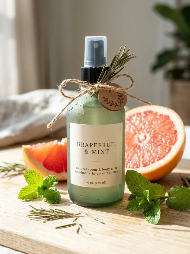 A refreshing sage-green room mist bottle with a cream botanical label, styled with juicy grapefruit slices, fresh mint, and a rustic rosemary tag in bright morning light for a clean, uplifting aesthetic.