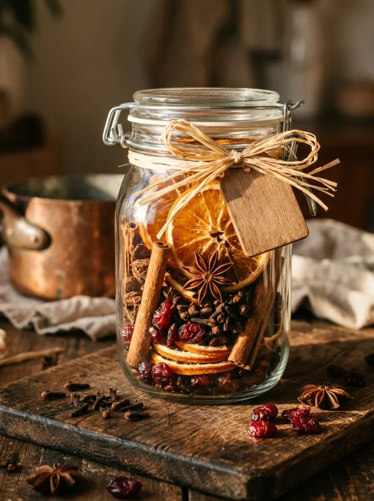 Handmade simmer pot gift jar filled with dried oranges, cinnamon sticks, star anise, cloves, and cranberries, decorated with a wooden tag and raffia.
